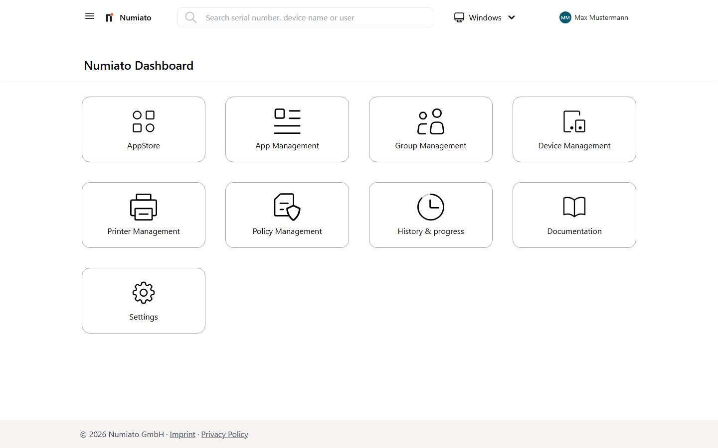 Numiato Dashboard with overview of management modules