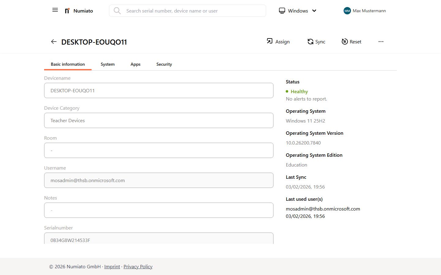 Numiato device information with detail view and system data