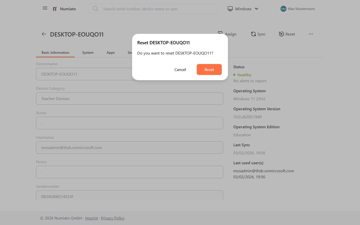 Reset device to factory settings in Numiato