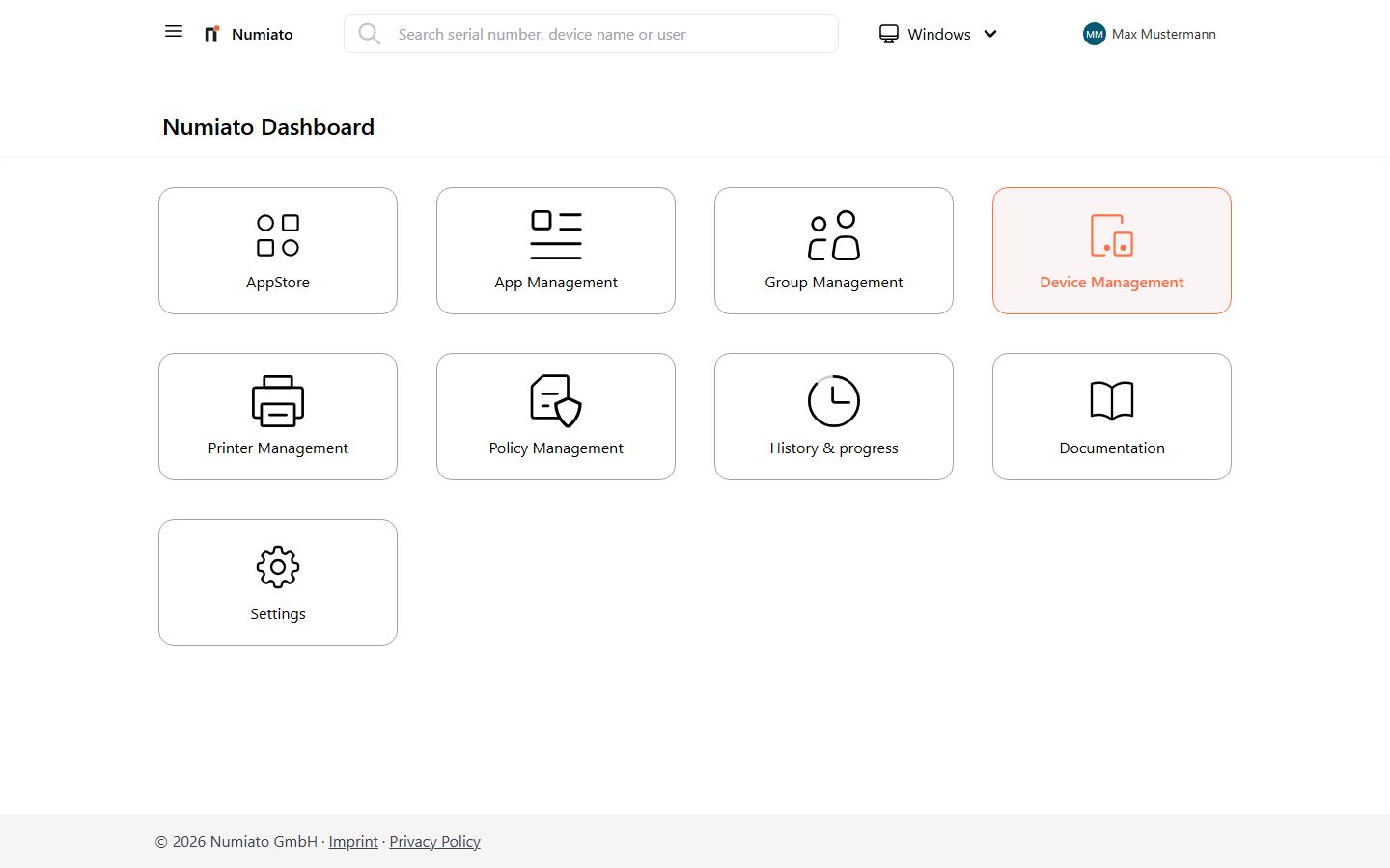 Numiato Device Management with device list and status overview