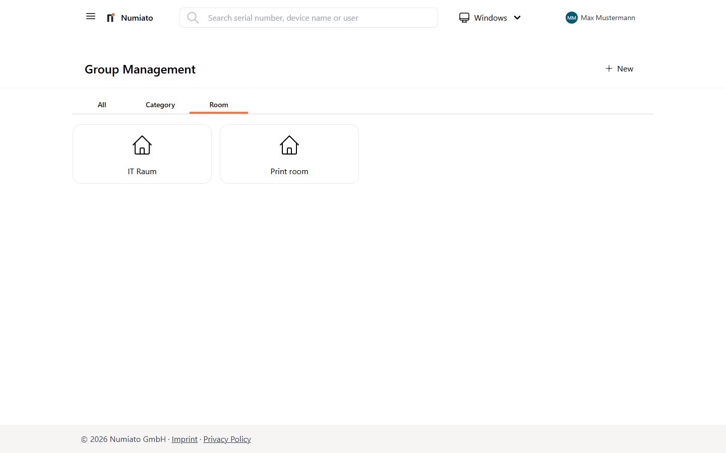 Numiato room management with physical device areas