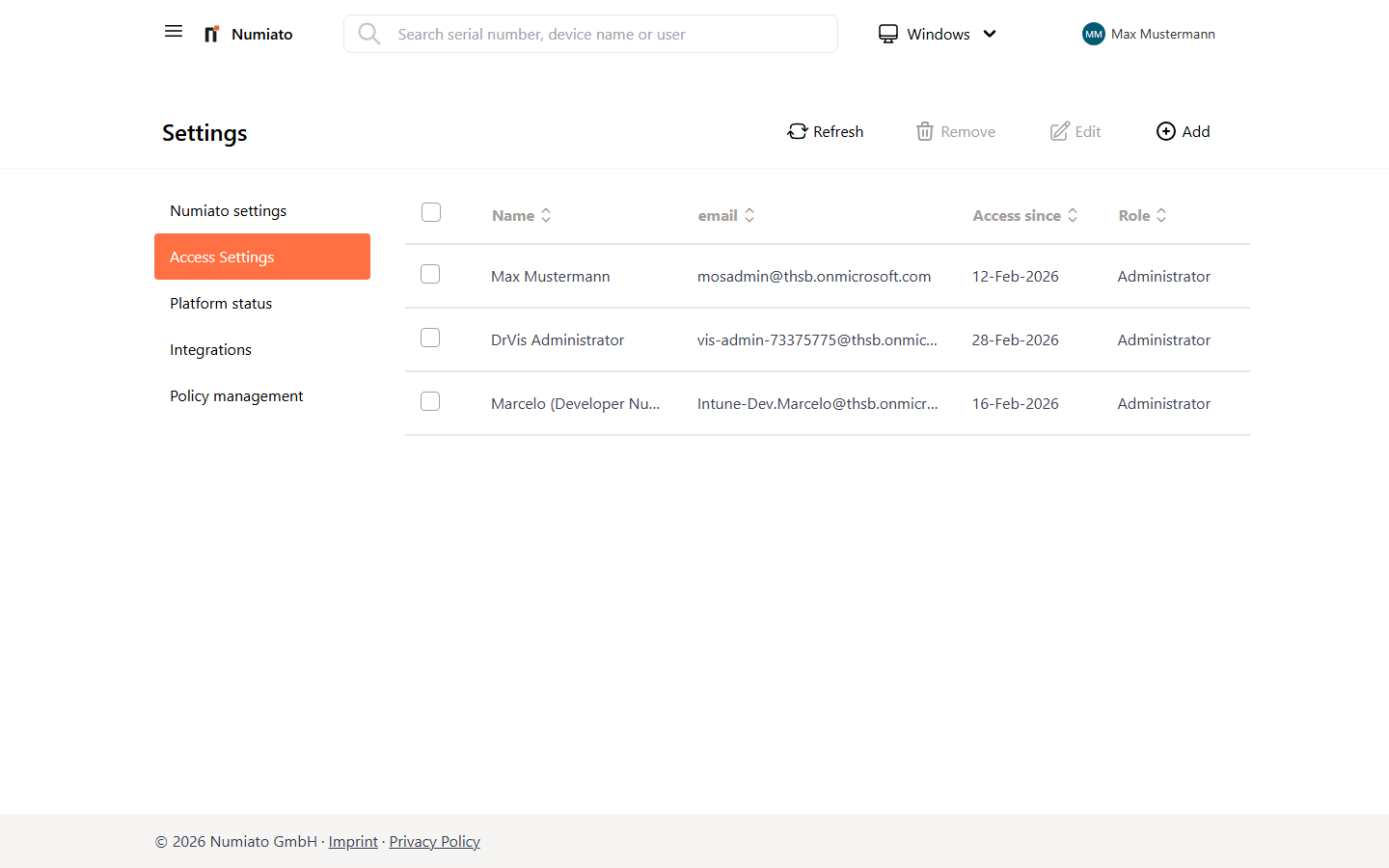 Numiato Access Settings with role management