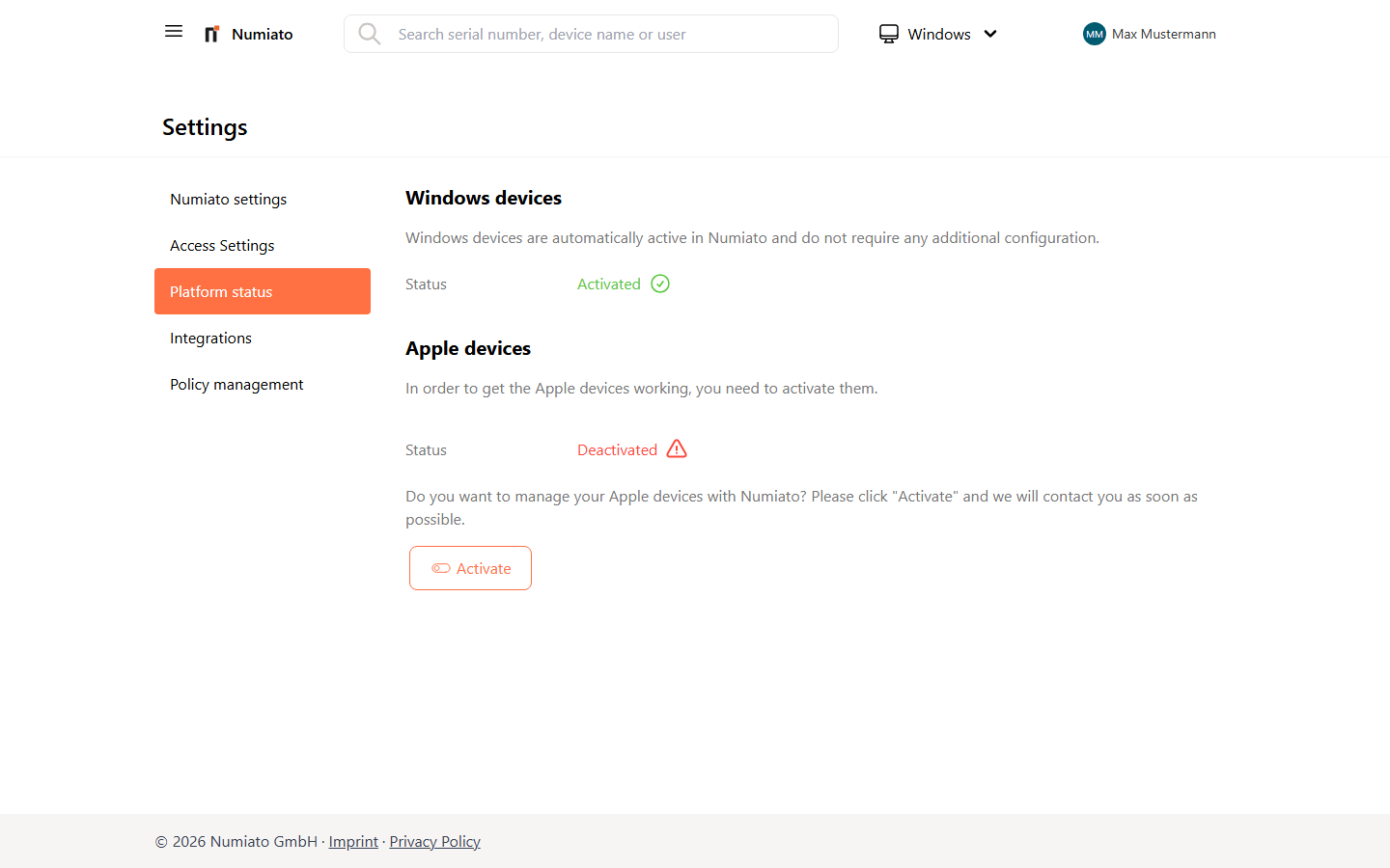 Numiato Platform Status for Windows and Apple devices
