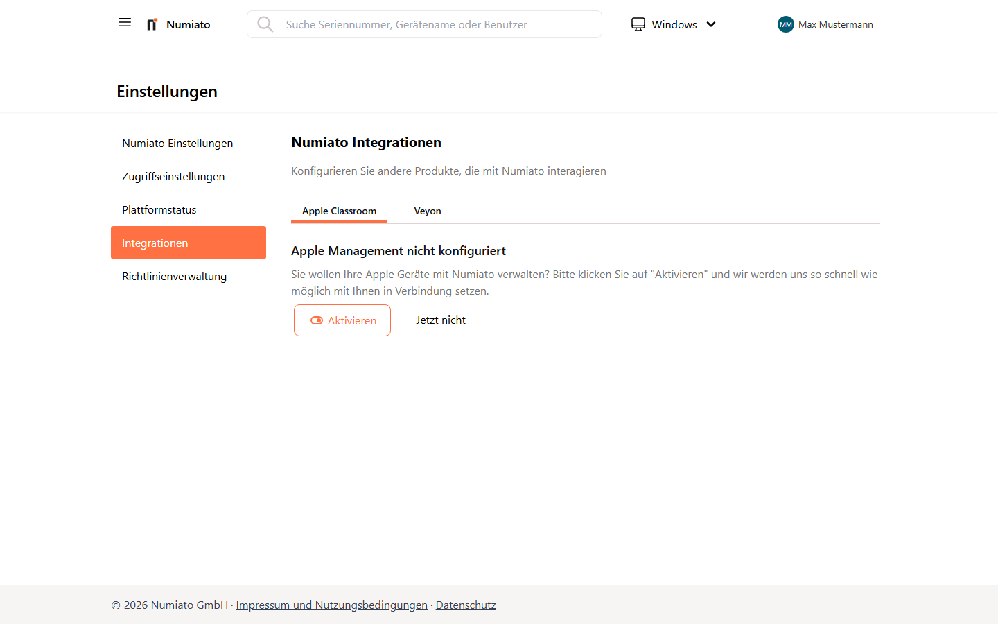 Numiato Integrationen mit Apple School Manager Status und Synchronisierung